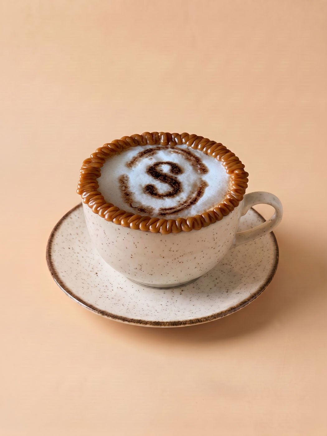 Café com leite da Sapore Moretti, arte em espuma com o símbolo da marca