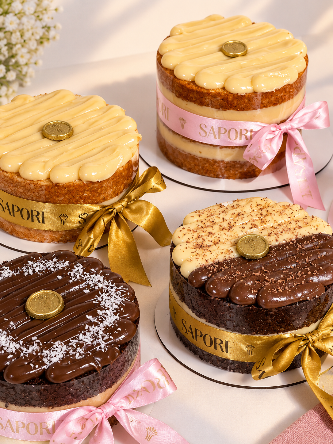 Naked cakes em camadas com morango, brigadeiro e doce de leite, dispostos em bandejas